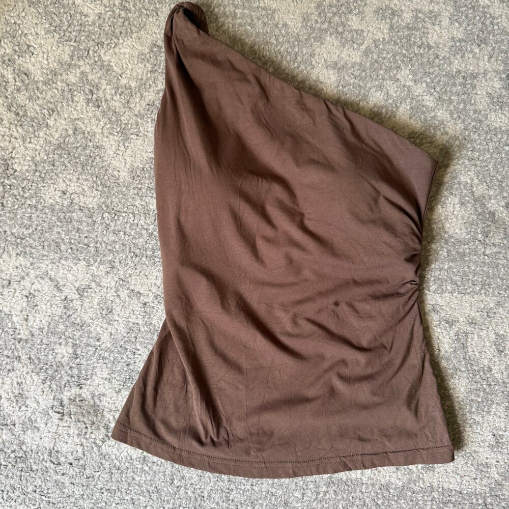 OGL Brown Jersey One Shoulder Built In Bra Twist Strap Tank Top Small